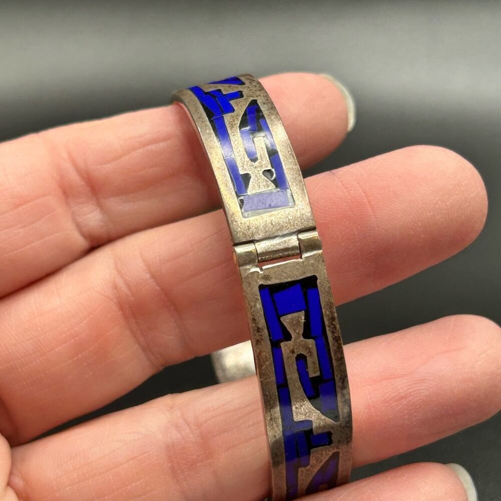 Taxco 925 Sterling Silver inlay hinged bangle bracelet #437 Stunning! - Picture 8 of 12